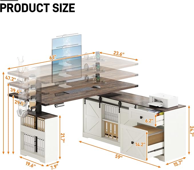 St.Mandyu L Shaped Electric Standing Desk 63" White with Power & Storage | File drawer, sliding door cabinet, cup holder, height adjustable, sturdy wood frame, home office for work/study/writing