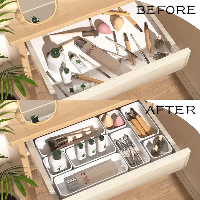 CHANCETSUI 6 PCS Stackable Drawer Organizers Set, Versatile Desk and Vanity Drawer Organizer Trays, Storage Bins for Makeup, Bathroom, Bedroom, Kitchen and Office, White