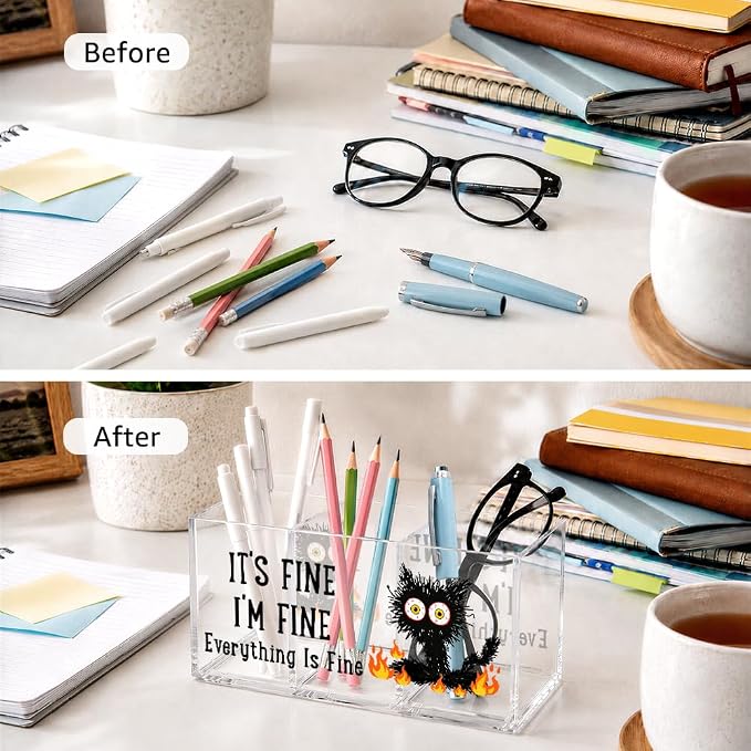 It's Fine 3 Compartment Acrylic Makeup Organizer & Pen Holder, Black Cat Cosmetic Storage Box for Lipstick Brushes Skincare, Desk Organizer for Office School Vanity, Office Gifts for Coworker