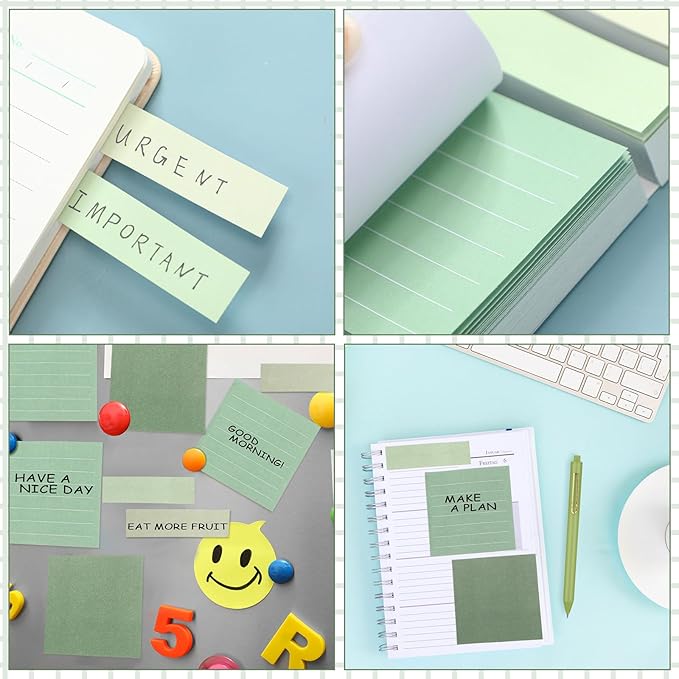 Aesthetic Stationery Set Supplies Sticky Notes Set 6 Mini Correction Tapes 6 Retractable Black Ink Pens 0.5mm Fine Point Paper Corrective Pen Self Stick Index Tabs(Green)