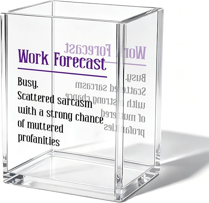 Funny Office Acrylic Cosmetic Pen Pencil Holder Cup, Work Forecast Cute Pencil Organizer, Minimalist Unique Desk Accessories, Humor Gag Sarcastic Gifts for Women Men Boss Employee（A13）