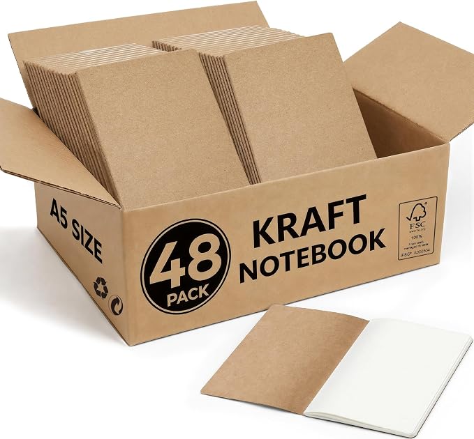 48 Pack Blank Kraft Notebooks A5, Bulk Unlined Journals, 80gsm FSC-Certified Paper, 60 Pages, 8.3x5.5 Inches, Softcover Composition Notebooks for School Classroom Office Supply
