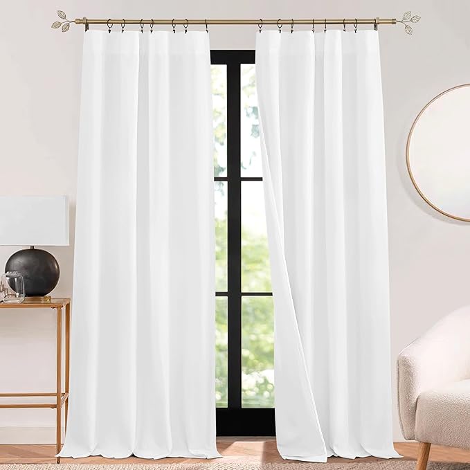 RYB HOME 3 in 1 Soundproof - Blackout - Insulation Linen Curtains, Noise Blocker Energy Saving Curtains for Bedroom Living Room Door Drapes Studio Home Office, White, W52 x L108 in, 2 Panels