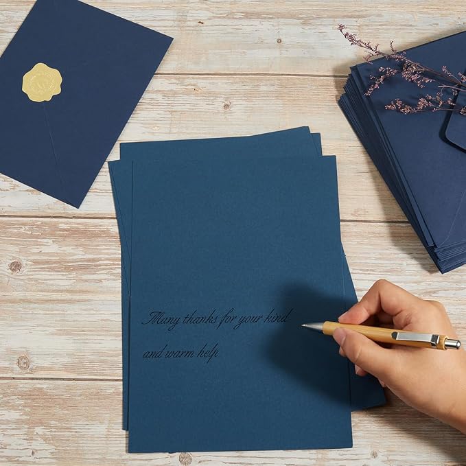50 Pack Navy Blue A6 Envelopes with Cards and Gold Stickers, 4x6 | With Thick Folded Cardstock, For Greeting Cards, Wedding, Birthday, Invitations, Baby Showers