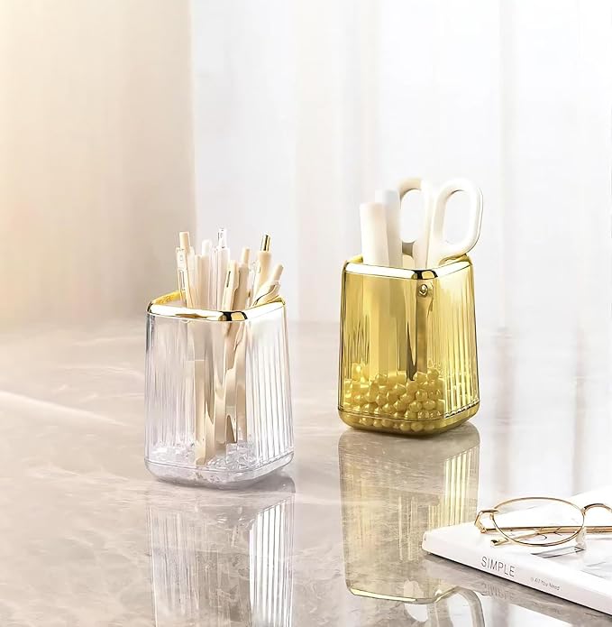 Acrylic Pen Holder, Cute Clear Desk Organizer for Pencils, Makeup Brushes Toothbrushes Storage Cup with Striped Design for Vanity Bathroom