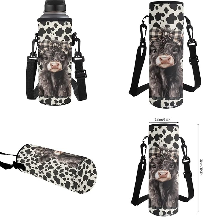 WELLFLYHOM Kids Highland Cow Book Bags for Girls 6 Years Old, 4 Pcs Set | Girls 7-8 Cow Print School Backpack Elementary Dayback Insulated Lunch Box Pencil Case Water Bottle Holder