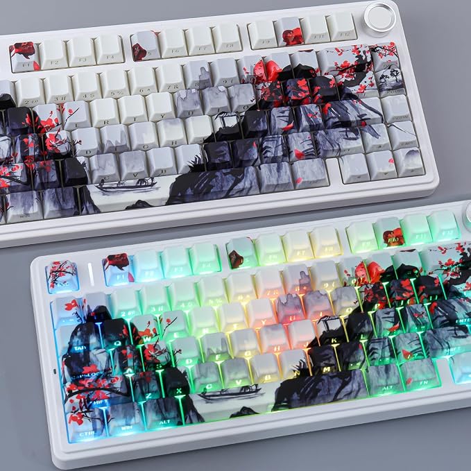 JOMKIZ Ink Painting Keycaps, Red Plum Blossom Landscape Cherry Profile Custom Keycap Set, 130-Key PBT Side-Printed Shine-Through Keycaps for Mechanical Keyboards