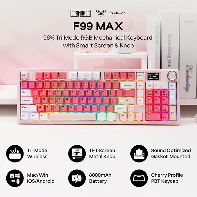 EPOMAKER Aula F99 MAX Wireless Mechanical Keyboard, Smart Screen & Knob, 8000mAh, 2.4Ghz/BT Creamy Keyboard, Pre-Lubed Switch, Hot-Swappable, RGB Backlit, Custom Software (Pink)
