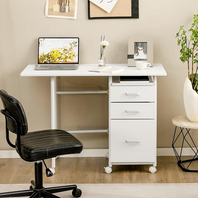 Tangkula White Folding Desk with 3 Drawers, Mobile Home Office Desk Study Writing Desk with Smooth Wheels, Space Saving Compact Table for Dorm Apartment, Rolling Couch Desk Table