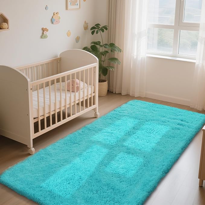 Teal Blue Rug Fluffy Rugs, 2x6 Teal Area Rugs for Bedroom, Soft Play Mat, Indoor Floor Carpet for Teen, Preppy Dorm, Plush Aesthetic Bedside Rug