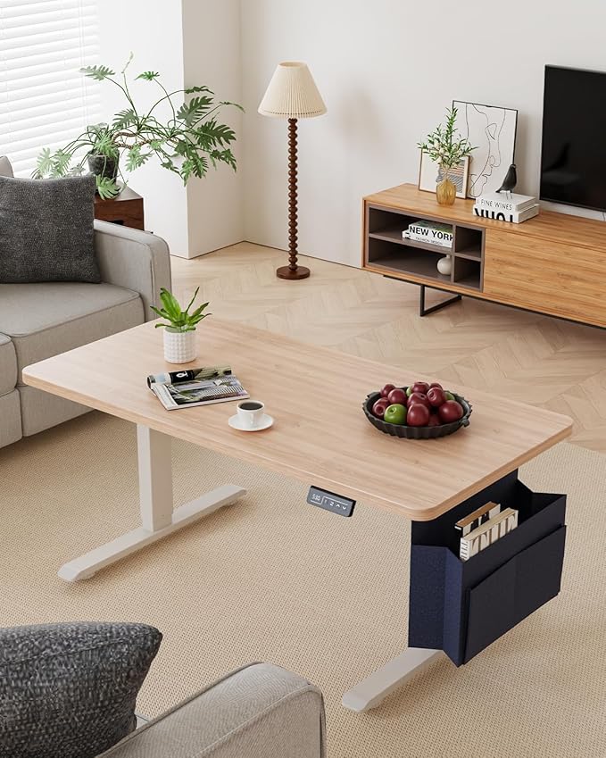Coffee Table, Height Adjustable Electric Coffee Table with Storage Bag Lift Tabletop Dining Table Office Table with Lockable Wheels for Living Room (Natural Maple Look, 48 x 24 Inches)