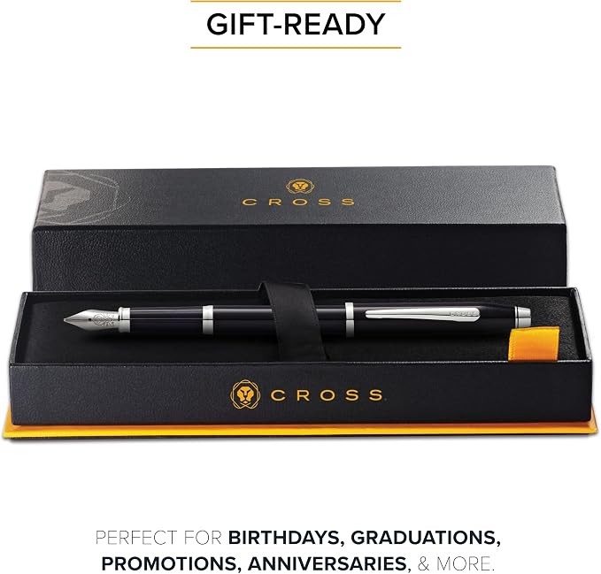 Cross Century II Black Lacquer Medium Nib Fountain Pen - Professional Pen for Everyday Use - Smooth Writing - Comfortable Grip - Black Ink - Durable Construction - Includes Gift Box