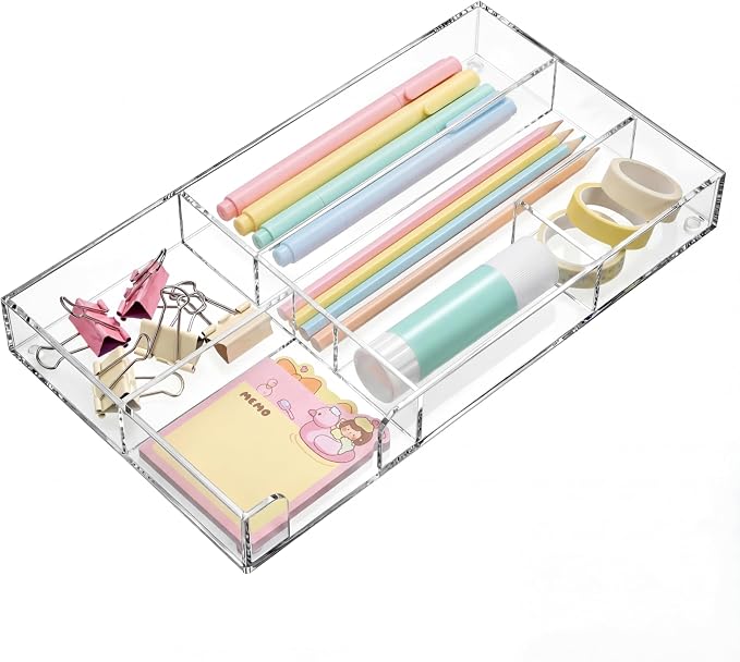 Briwooody Clear Acrylic Drawer Organizer,6 Compartments,Small | 11 x 6.1 x 1.38 Inche Desk Storage Tray Organizer for Pen, Stationery, Desktop, Office, Bathroom, Kitchen, Makeup Supplies