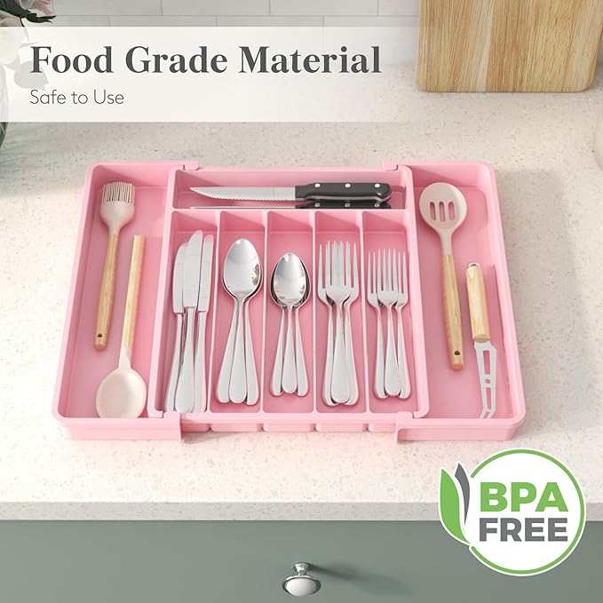 Lifewit Silverware Drawer Organizer, Expandable Utensil Tray for Kitchen, BPA Free Flatware and Cutlery Holder, Adjustable Plastic Storage for Spoons Forks Knives, 10.9"-17.5" x 13.7", Pink