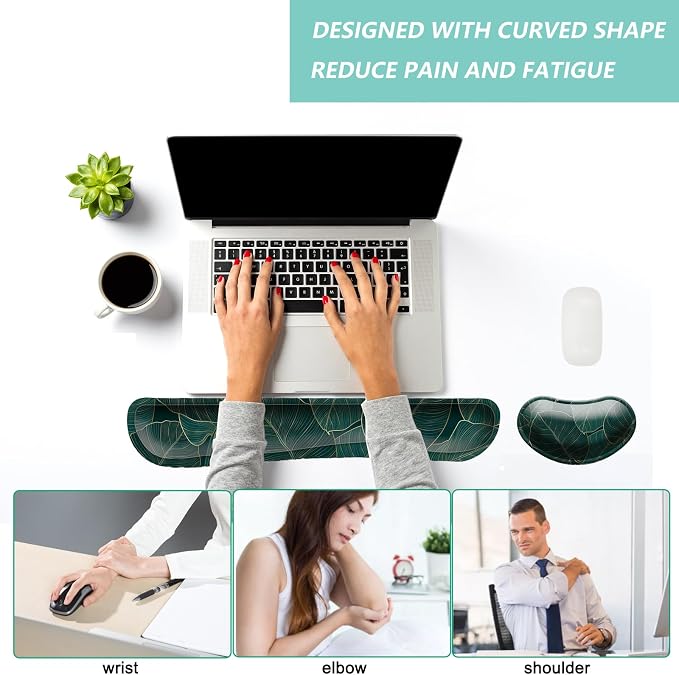 Keyboard Wrist Rest Mouse Wrist Support Set, Memory Foam Wrist Rest Pad for Computer Laptop Keyboard Mouse, Ergonomic Wrist Cushion Support for Typing Pain Relief, Gaming Home Office, Green Leaves