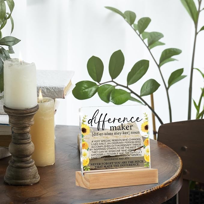 Difference Maker Gifts for Women Coworker Appreciation Desk Decor | Thank You Gifts for Employee Staff Teacher Mentor Coach Nurse, Home Desk Decorative Sign, Clear, Acrylic, 4 x 4 Inches