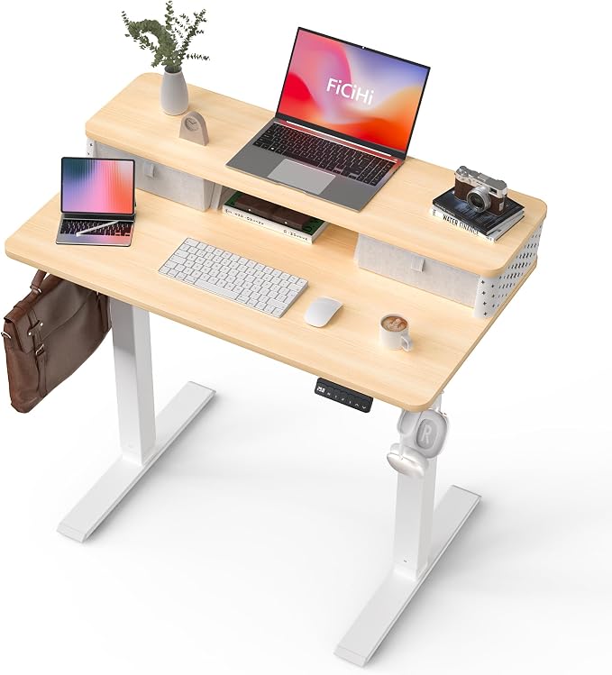 FiCiHi 40x24 Inch Electric Standing Desk, 2 Drawers, Adjustable Height Desk | Small Sit Stand Computer Desks, C-Clamp Compatible Home Office Desk with Monitor Stand, Cable Management, 3 Preset Heights