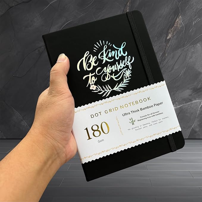 BUKE Dotted Notebook Journal 180GSM Bamboo Thick White Paper 160 Pages 5 * 5MM Dot Grid, Lay Flat Binding,Colored Silver Edges, Bookmarks and Expandable Back Pocket (BKP-8)