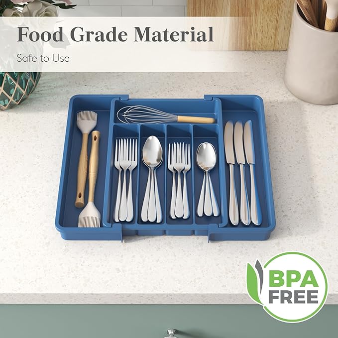 Lifewit Silverware Drawer Organizer, Expandable Utensil Tray for Kitchen, BPA Free Flatware and Cutlery Holder, Adjustable Plastic Storage for Spoons Forks Knives, 8.5"-14.1" x 12.1", Dark Blue