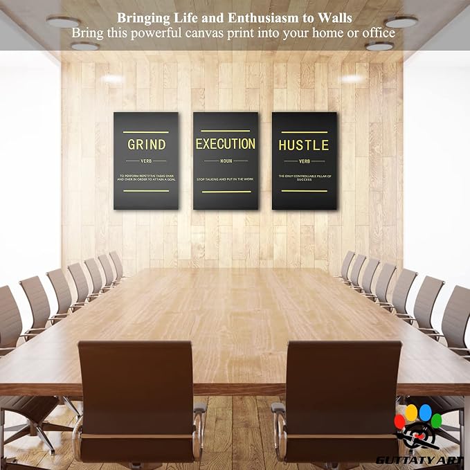 Office Wall Art - 3 Panel Motivational Wall Art, Inspirational Quotes Canvas Art for Home Office Wall Decor, Positive Quotes Wall Decor, Entrepreneur Grind Hustle Execution Poster Frame (24”x36”x3Pcs)