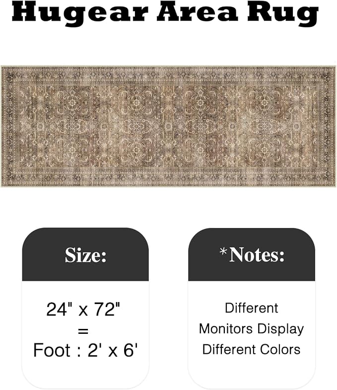 HUGEAR 2x6 Runner Rug Hallway Vintage Brown Machine Washable Retro Floral Low Pile Carpet Vacuumable Distressed Long Throw Rug Bedroom Office Bathroom Kitchen Laundry Non Slip Soft Lightweight