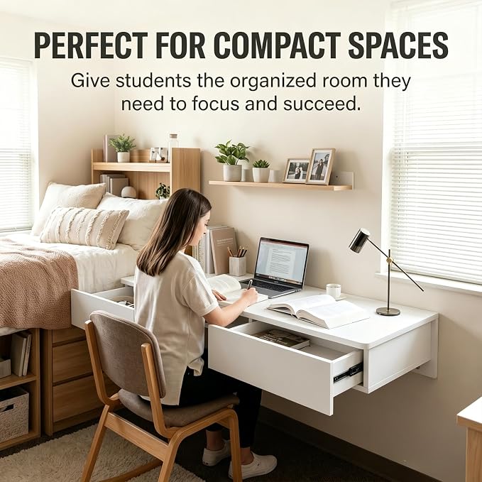 Floating Desk with Drawers, Wood Wall Mounted Desk, Floating Makeup Vanity, Space Saving, Sturdy and Stable, Floating Table for Living Room, Bedroom, Home, Office, White