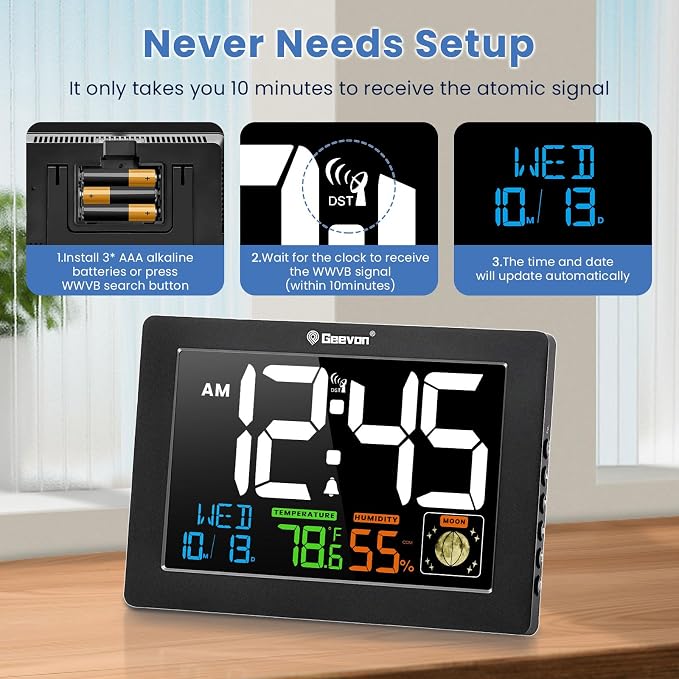 Geevon Atomic Clock 5.9" Color Display with Temp & Humidity | Digital Wall Clock Self-Setting,Moon Phase,Battery or DC Adapter Powered,Large Display for Bedroom Living Room Office
