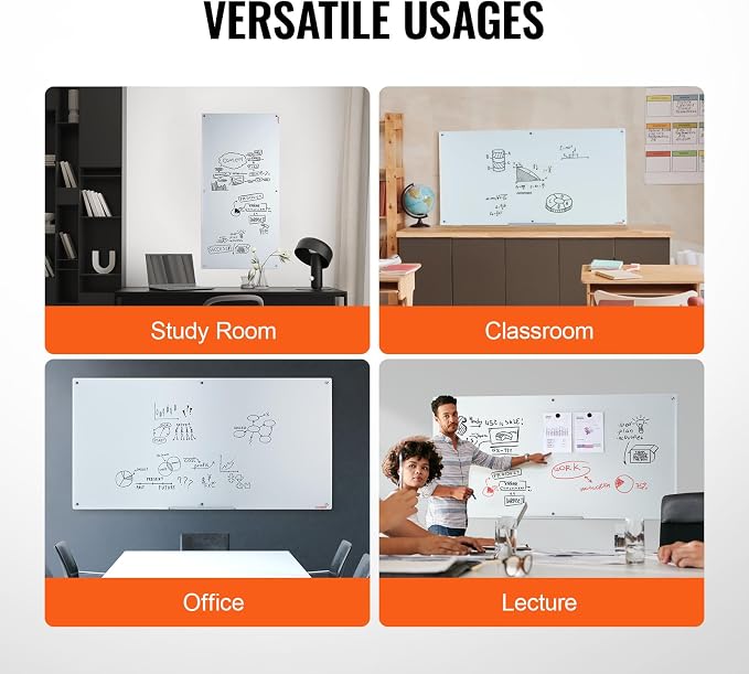 VEVOR Magnetic Glass Writing Board, Erasable 72"x36" Surface, Frameless Wall Installation, Includes Marker Holder, a Cleaning Tool, and 2 Writing Pens, White