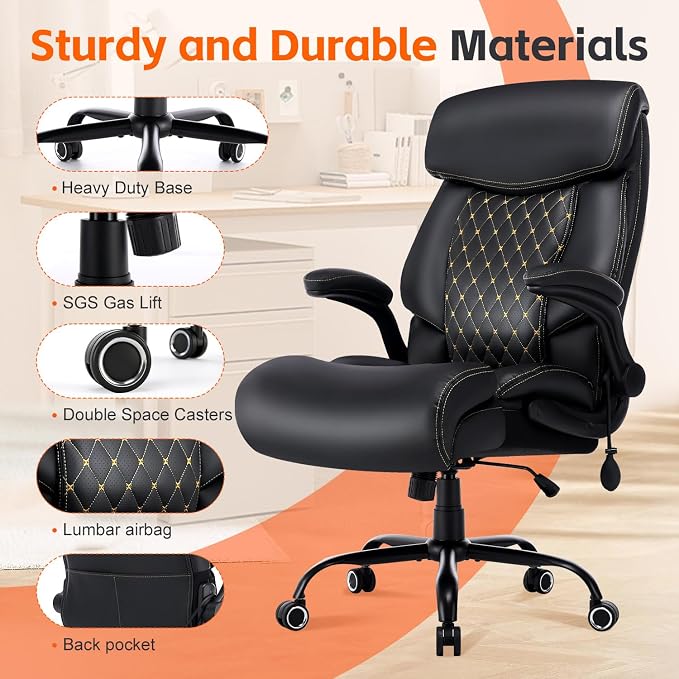 Big and Tall Office Chair 600lbs, Heavy Duty Ergonomic Executive Desk with Adjustable Armrests, Wide Seat, PU Leather Fabric, Air-Adjust Lumbar, Comfortable Office Chair for Heavy People