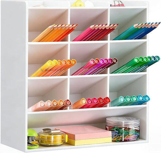 BEYGORM White Acrylic Vertical Marker Organizer for 150 Markers with 13 Compartments, Angled Pen & Pencil Holder, Large Desk Stationery & Art Supply Storage for Office & School (10.2 x 9.8 x 4 Inch)