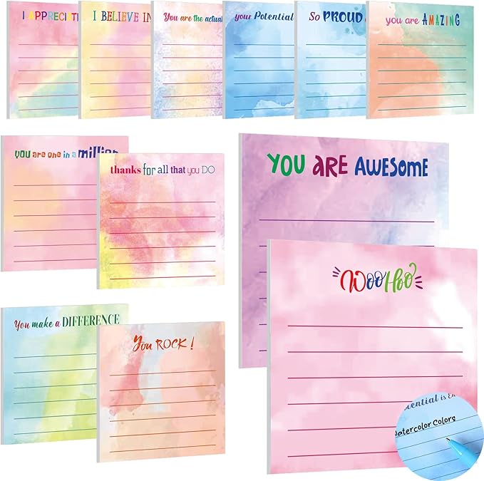 Yinder 12 Pcs Inspirational Sticky Notes Thank You Gift Motivational Sticky Note Pad Employee Appreciation Gift Bulk for Staff Coworker Teacher Nurse Office Groups 3 x 3'' (Appreciation,Watercolor)