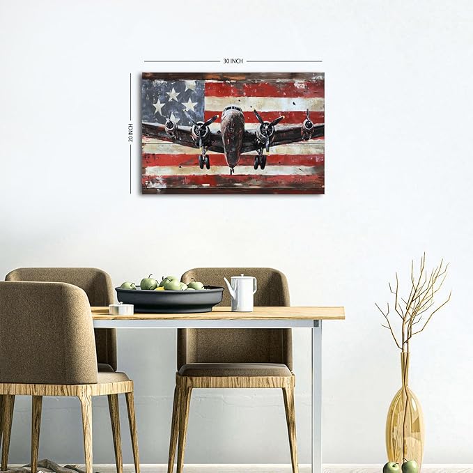 Airplane Wall Art Aviation Decor for Men Office Living Room Home Decorations Vintage Airplane Propeller Wall Decor Retro American Flag Poster Kids Boys Military Fighter Canvas Pictures Artwork 20x30"