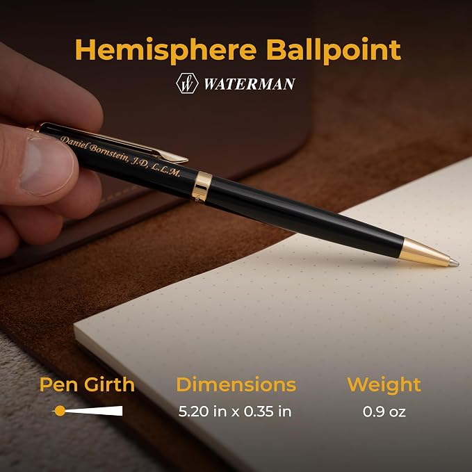 Waterman Hemisphere Engraved Ballpoint Pen, Black Lacquer with 23K Gold Trim, Twist Action, Personalized Gift for Executives, Retirement, Board Members, Career Advancement, Gift Box Included