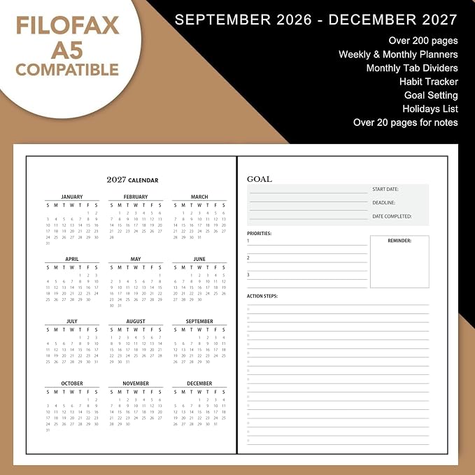 Wanderings 2027 Calendar Planner Inserts - Ivory Color - Thick Monthly Weekly Calendar Refill for A5 6-Ring Binder Planner Compatible with Filofax 8.3 x 5.6 (21 x 14.2cm) Sep 2026 - Dec 2027
