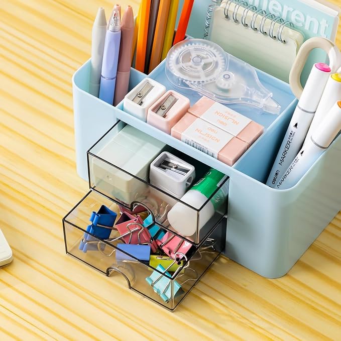 Stationary Organiser 7-Grid Desk Organizer with Drawer – Multifunctional Plastic Table Organizer & Pen Holder for School, Office, and Home (Blue)
