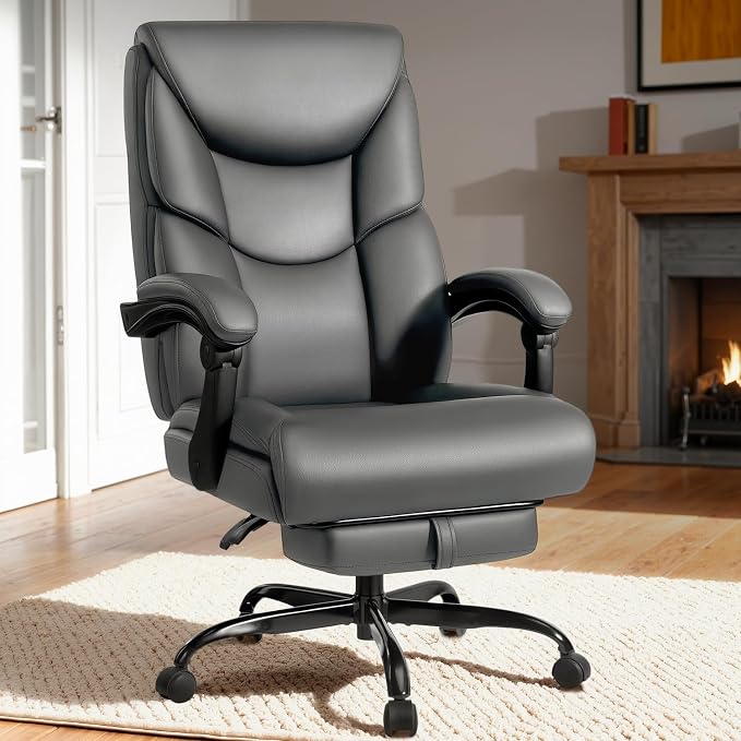 WAILOR 400lbs Office Chair with Foot Rest, Reclining Big and Tall Office Chair with Lumbar Support, High Back PU Leather Computer Chair,Comfy Desk Chair for Home Office (Gray)