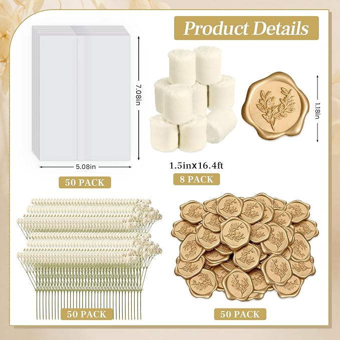 Wedding Invitation Accessories Kit, Pre-Folded Vellum Jackets for 5×7 Invitations with Wax Seal Stickers, Ribbon & Dried Flowers, Elegant Wedding Invitation Accessories for DIY Bridal Invites (Off-White, 50)