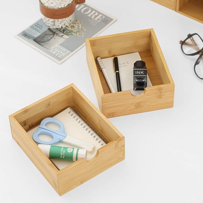 Bamboo Desk Organizer with Drawers, 3-Drawer Desktop Storage Box | 3 Drawers Open Top Tray Fully Assembled Stores Pens, Notes, Makeup, Jewelry & Toiletries for Office, Vanity & Bath