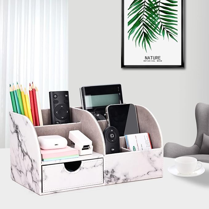 Pu Leather Desk Organizer Pen Pencil Holder Office Supplies Caddy Storage Box 6 Compartments with Drawer Gray Marble