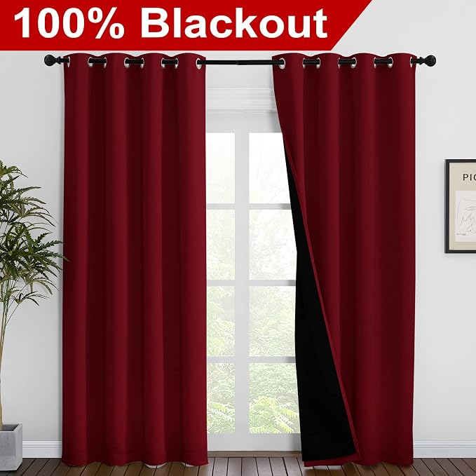 NICETOWN 100% Blackout Curtains with Black Liner Backing, Thermal Insulated Curtains for Living Room, Noise Reducing Drapes for Christmas, Burgundy Red, 55 inches x 86 inches Per Panel, Set of 2