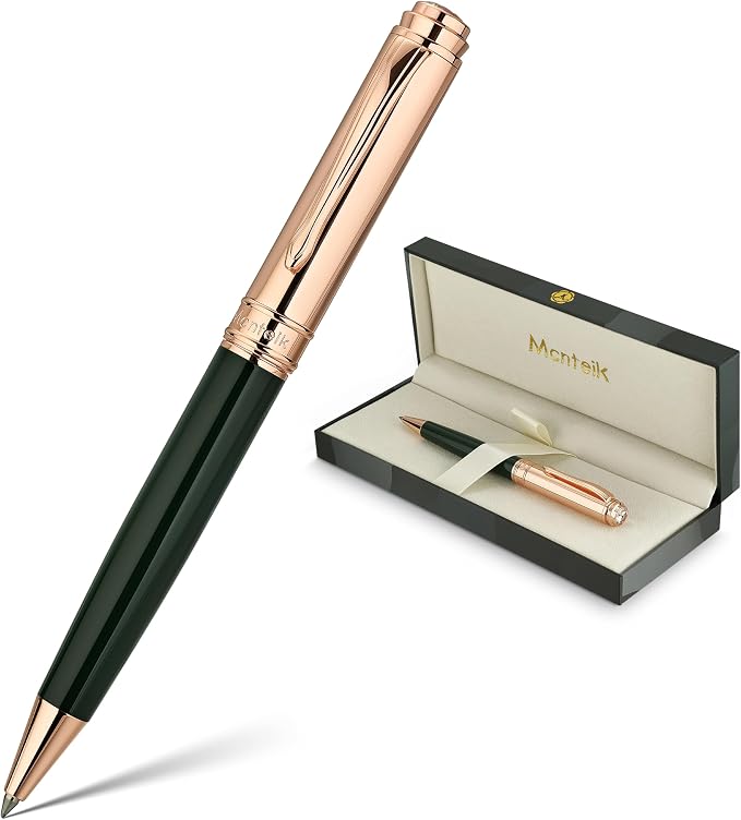 MCNTEIK Luxury Gel Pen, Top Set With 8mm Brilliant Diamond,Dark Green Pen Body,Attractive Rose Real Gold Finish, Black Refill,Elegant Gift Pen For Women, Executive, Fancy, Graduation, Nice Pens