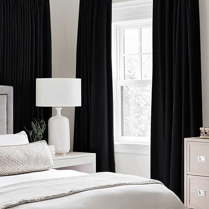 MIULEE Linen Texture Curtains for Bedroom Solid 100% Blackout Thermal Insulated Halloween Black Curtains Grommet Room Darkening Drapes for Living Room 52x96 Inch (2 Panels)
