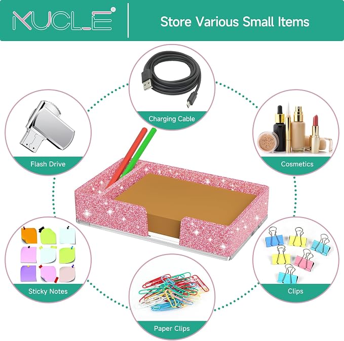 Sticky Note Holder with Pen Slot, Glitter Pink Acrylic Notepad Holder 4x6 in Self-Stick Note Dispenser Office Desk Accessories, Memo Pad Holder Organizer for Classroom School Supplies