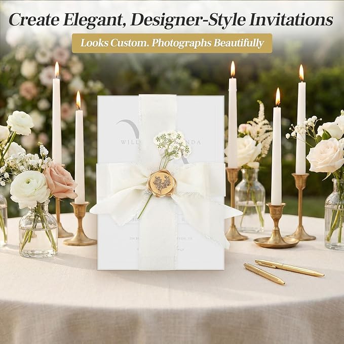 Wedding Invitation Accessories Kit, Pre-Folded Vellum Jackets for 5×7 Invitations with Wax Seal Stickers, Ribbon & Dried Flowers, Elegant Wedding Invitation Accessories for DIY Bridal Invites (Off-White, 50)