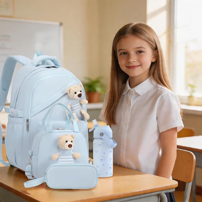 ACESAK Backpack for Girls with Insulated Water Bottle - 4 PCS Cute Girls Backpack with Lunch Box, Pencil Case & Kids Cup Set - 14oz Kids Water Bottle with Straw Set Back to School Supplies (Blue)