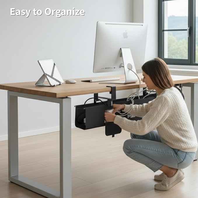 Under Desk Cable Management Tray, 36” Fabric No Drill Clamp Mount | Cord Organizer for Desk, Heavy Duty Wire Management for Office Home, Black