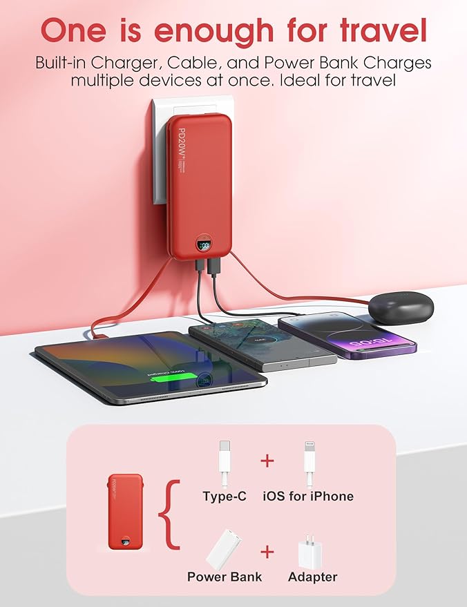 citicr Portable Charger 10000mAh PD20W w/Built-in Cables & Wall Plug Red | Fast charging, Built-in wall plug, LED display, Charge 5 devices at once, Pass through charging, TSA approved, Pocket size