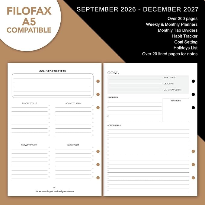 Wanderings 2027 Calendar Planner Inserts - Ivory Color - Thick Monthly Weekly Calendar Refill for A5 6-Ring Binder Planner Compatible with Filofax 8.3 x 5.6 (21 x 14.2cm) Sep 2026 - Dec 2027