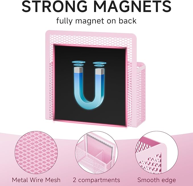 Marbrasse Magnetic Dry Erase Marker Holder, Mesh Pen Holder for Whiteboard，Magnet Pencil Organizer Storage for Refrigerator Locker Accessories Organizer for Home, School and Office(Pink)