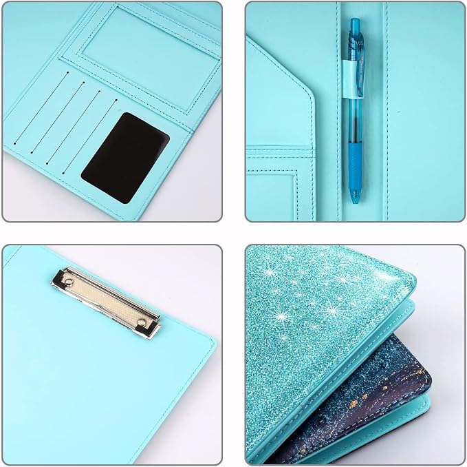 Glitter Portfolio Case for Women, Padfolio Cover for Women, Conference/Resume/Legal Document Organizer with Letter/A4 Size Clipboard Hardboard, Business Card Holders, Blue+Green